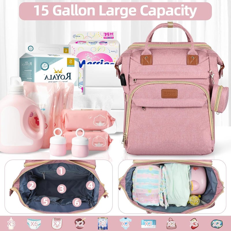 ZRSUN Baby Diaper Bag Backpack,Baby Shower Gifts, Multifunctional Travel Diaper Bag, Gifts for Mom with Portable Diaper Pad,Pink - Image 2